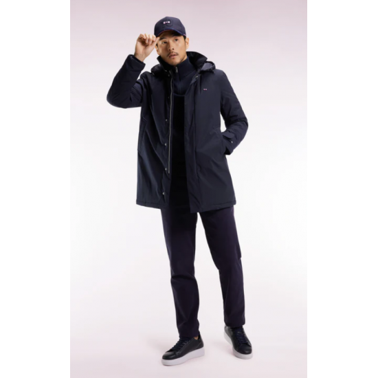 Long navy nylon raincoat with removable hood