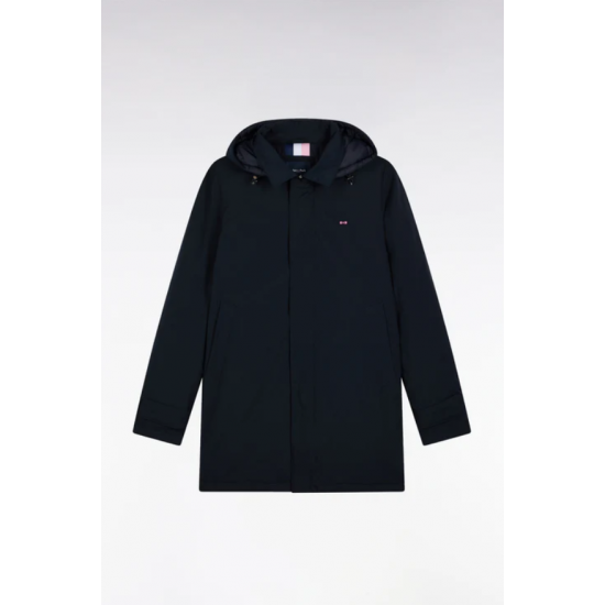 Long navy nylon raincoat with removable hood