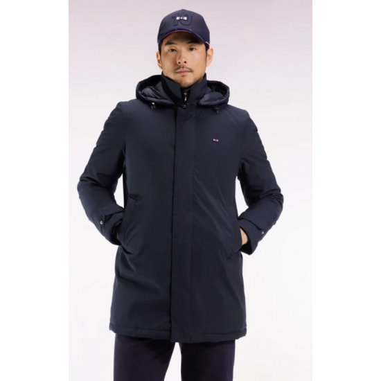 Long navy nylon raincoat with removable hood