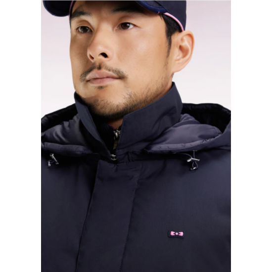 Long navy nylon raincoat with removable hood