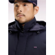 Long navy nylon raincoat with removable hood
