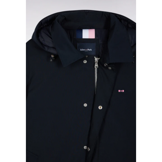 Long navy nylon raincoat with removable hood