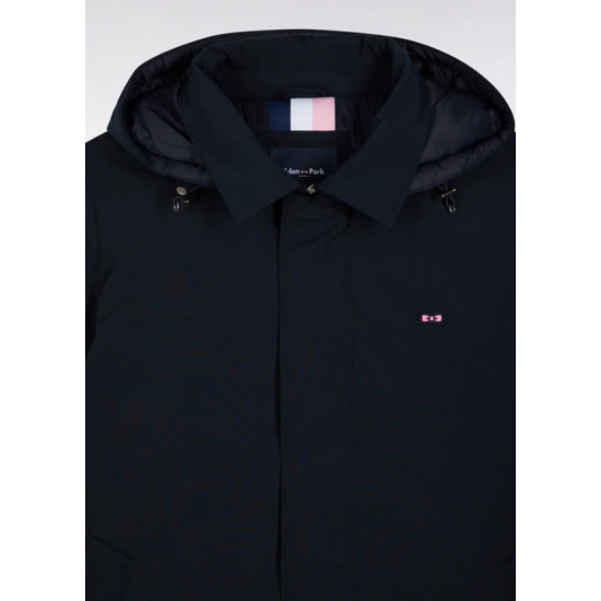 Long navy nylon raincoat with removable hood