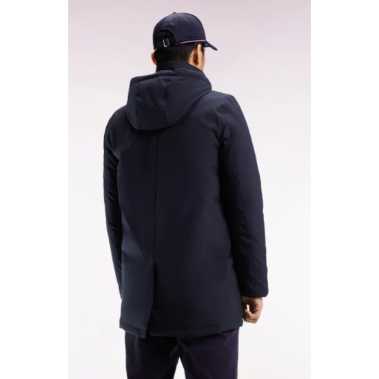 Long navy nylon raincoat with removable hood
