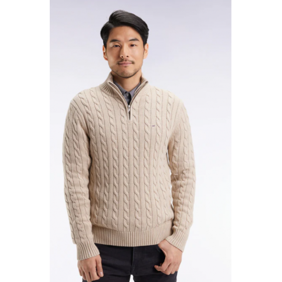 Beige cotton trucker-neck sweater