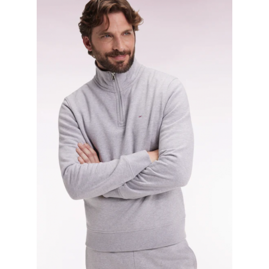 Grey cotton fleece stand-up collar zip sweatshirt
