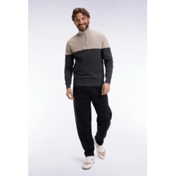 Grey cotton trucker-neck sweater with stripe effect