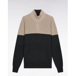 Grey cotton trucker-neck sweater with stripe effect