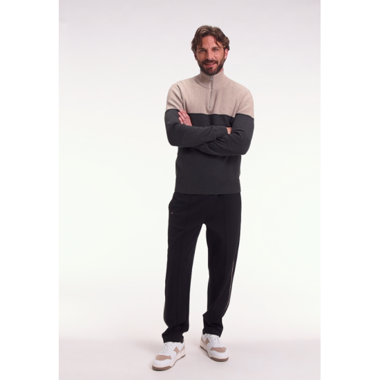 Grey cotton trucker-neck sweater with stripe effect