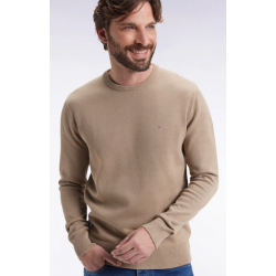 Round-neck sweater in thick beige cotton