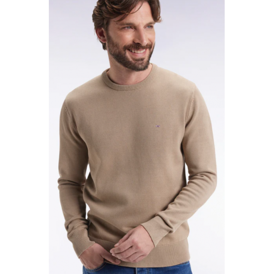 Round-neck sweater in thick beige cotton