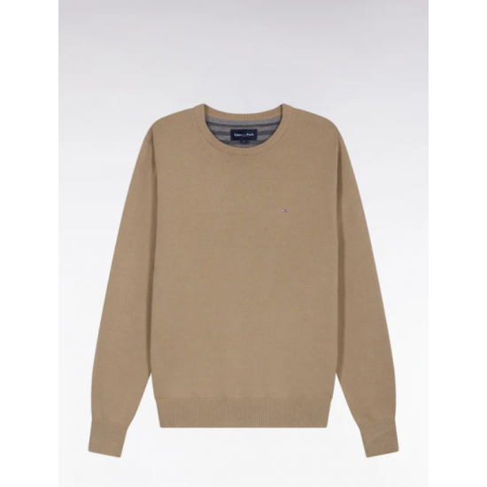 Round-neck sweater in thick beige cotton