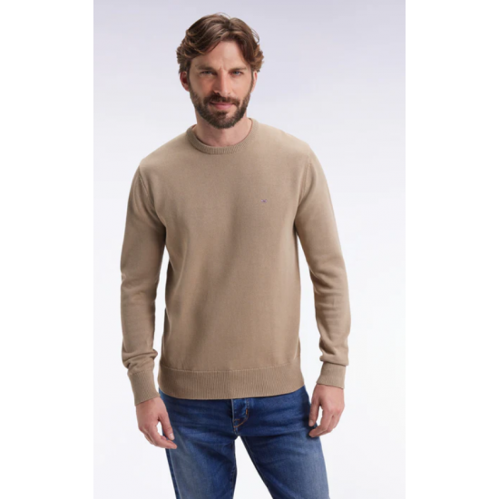 Round-neck sweater in thick beige cotton