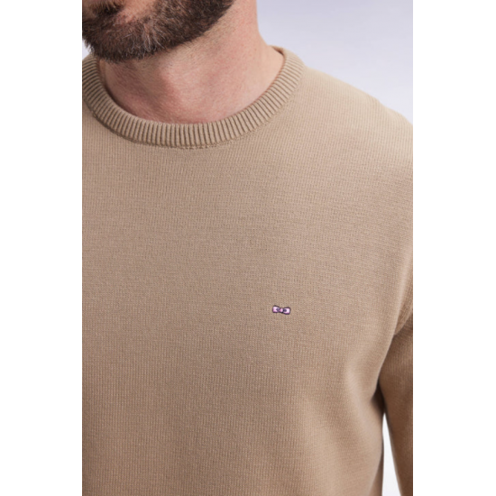 Round-neck sweater in thick beige cotton