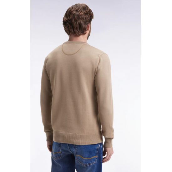 Round-neck sweater in thick beige cotton