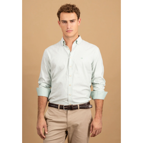 Cotton shirt with fine stripe pattern and button-down collar sage