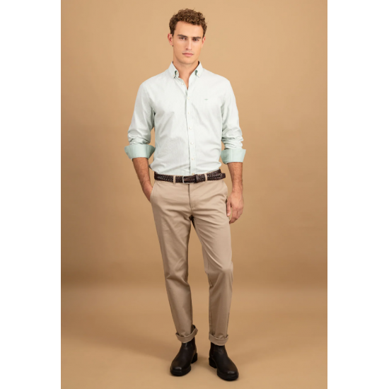 Cotton shirt with fine stripe pattern and button-down collar sage