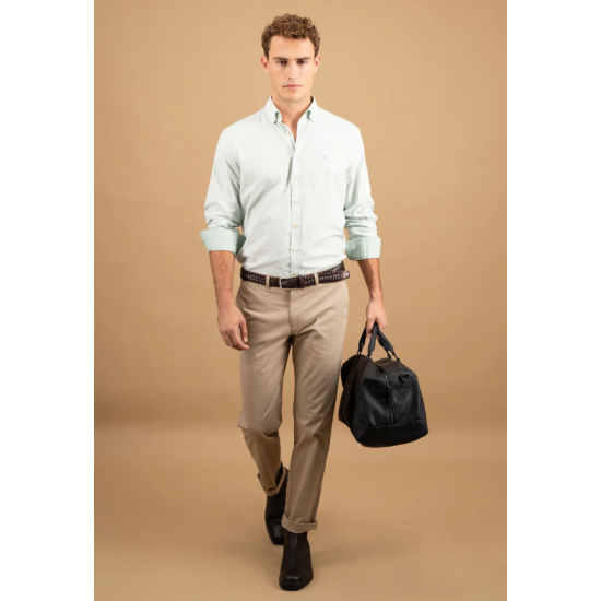Cotton shirt with fine stripe pattern and button-down collar sage