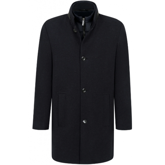 Bugatti Black Wool Coat with Leather Trim & Removable Insert