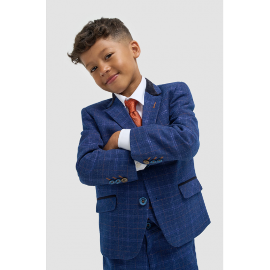 Boys Blue Check Three Piece Suit
