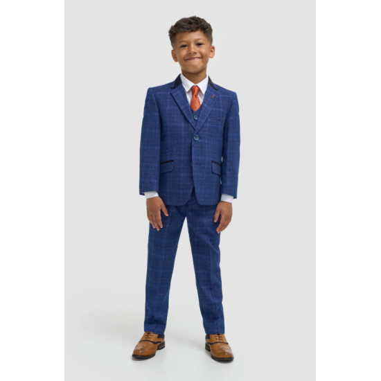 Boys Blue Check Three Piece Suit