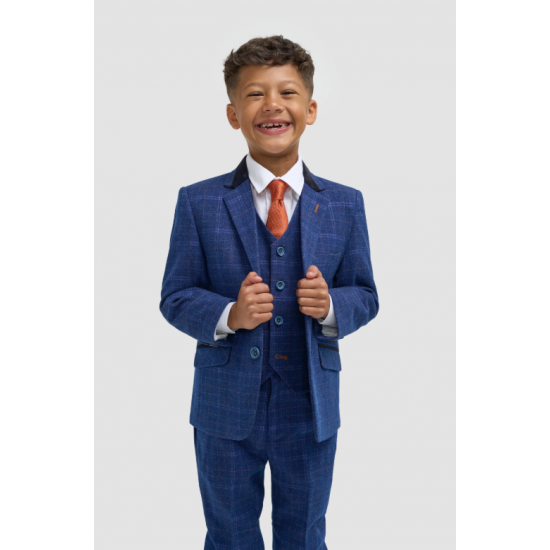 Boys Blue Check Three Piece Suit
