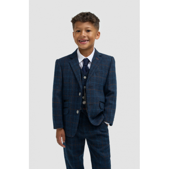Boys Navy Blue Check Three Piece Suit
