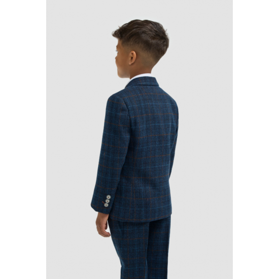 Boys Navy Blue Check Three Piece Suit