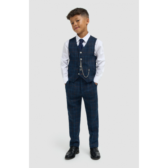 Boys Navy Blue Check Three Piece Suit