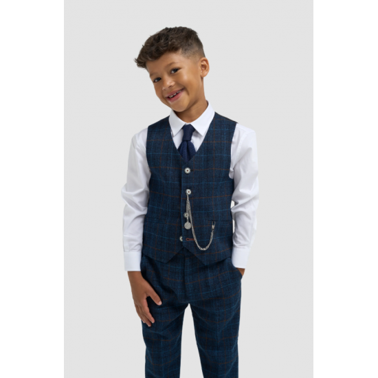 Boys Navy Blue Check Three Piece Suit