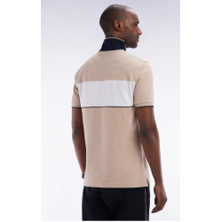 Slim-fit short-sleeved polo shirt in beige stretch mottled cotton piqué with contrasting accents