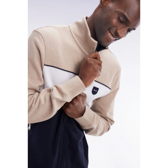 Straight-fit zip-up sweatshirt in beige cotton interlock